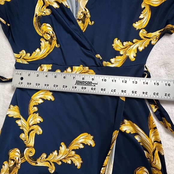 Gilli Women Navy Gold Baroque Print Short Sleeve Wrap Maxi Dress Small Tie-Waist - Picture 7 of 9